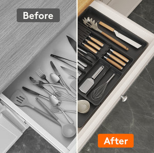 Lifewit Large Black Kitchen Drawer Silverware Organizer with Removable Knife Holder Expandable Cutlery Tray for Kitchen Drawer