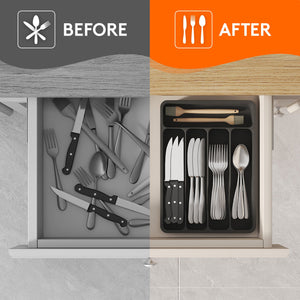 Lifewit Cutlery Drawer Organizer Tray for Spoon Fork Knife Cutlery, 5 Compartments, Black