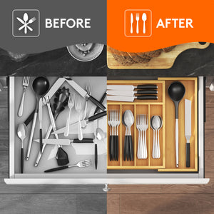 Lifewit Silverware Drawer Organizer, Expandable Utensil Tray for Kitchen, Bamboo Flatware and Cutlery Holder, Wood Adjustable Storage for Spoons Forks Knives, Large,