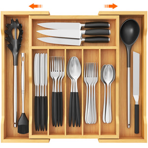 Lifewit Silverware Drawer Organizer, Expandable Utensil Tray for Kitchen, Bamboo Flatware and Cutlery Holder, Wood Adjustable Storage for Spoons Forks Knives, Large,