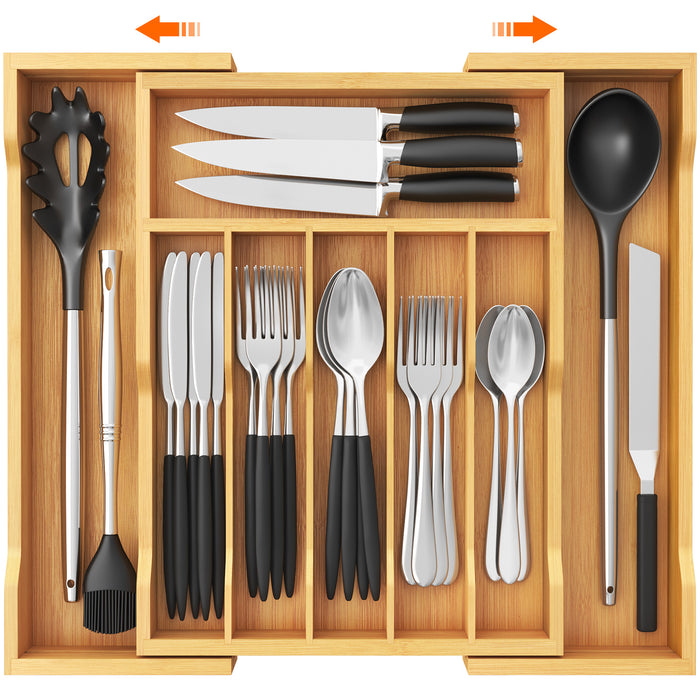Lifewit Silverware Drawer Organizer, Expandable Utensil Tray for Kitchen, Bamboo Flatware and Cutlery Holder, Wood Adjustable Storage for Spoons Forks Knives, Large,