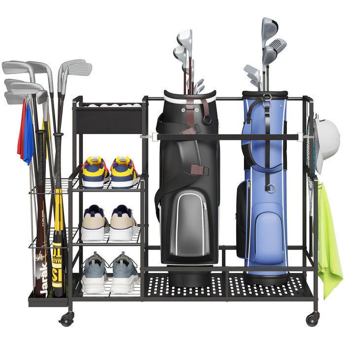Lifewit Golf Bag Organizer, Golf Bag Stand, Golf Club Holder with Wheels, 4 Removable Hooks, Shoe racks for Golf Equipment Accessories, Golf Organizers and Storage for Garage, Basement, Shed