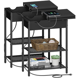 Lifewit Side End Table with Storage and Charging Station, Charging Nightstand, Black/Brown