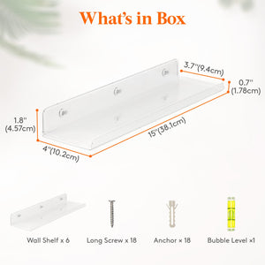 Lifewit Floating Shelves for Wall, 6 Pack 15" Clear Acrylic Shelf Room Decor